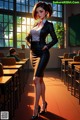 A woman in a business suit standing in a classroom.