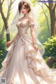 A woman in a wedding dress standing in the woods.